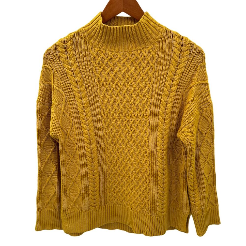 J. Crew Long Cotton Cable-Knit Mockneck Sweater in Mustard BD709 // XS